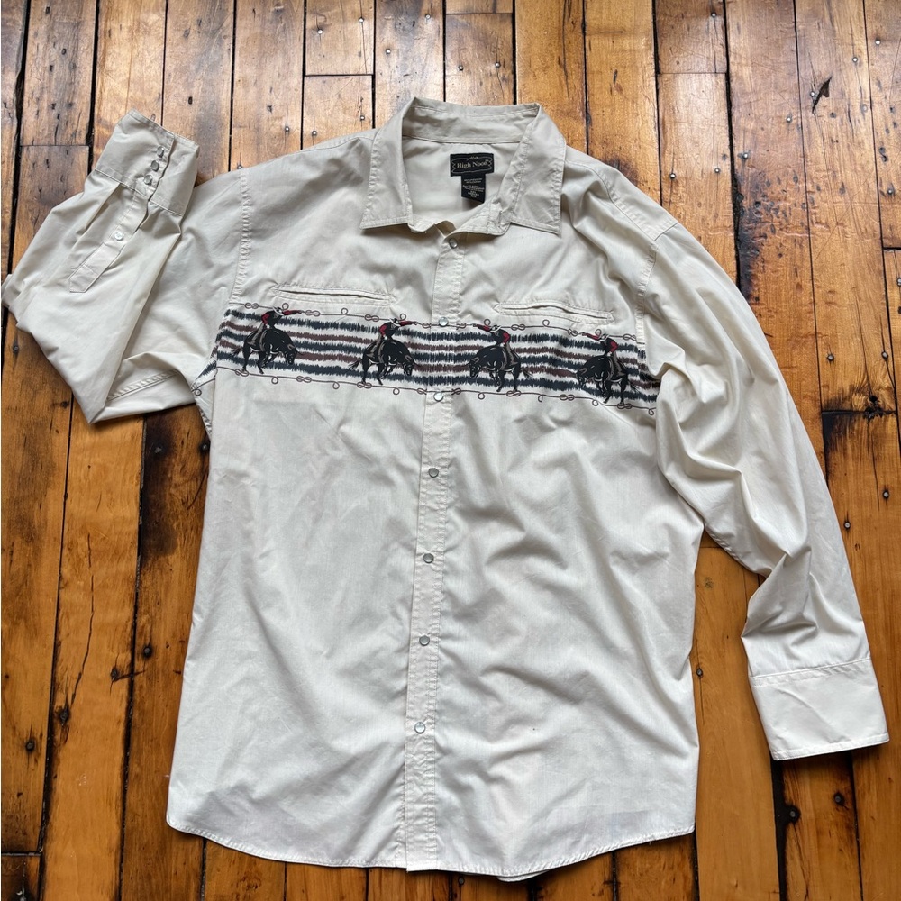 Vintage HIGH NOON Men’s 2XL Western Cowboy Rodeo Style Bulls Shirt, Pearl Snaps